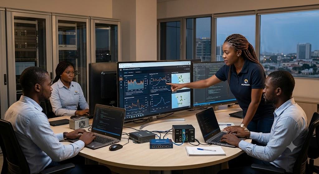 Equipa da MOPANOIL a analisar dados de operações num centro técnico